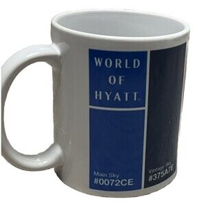 Hyatt Hotel Coffee Mug White Ceramic Cup NWT Blue Color Hex Codes Employee Gift